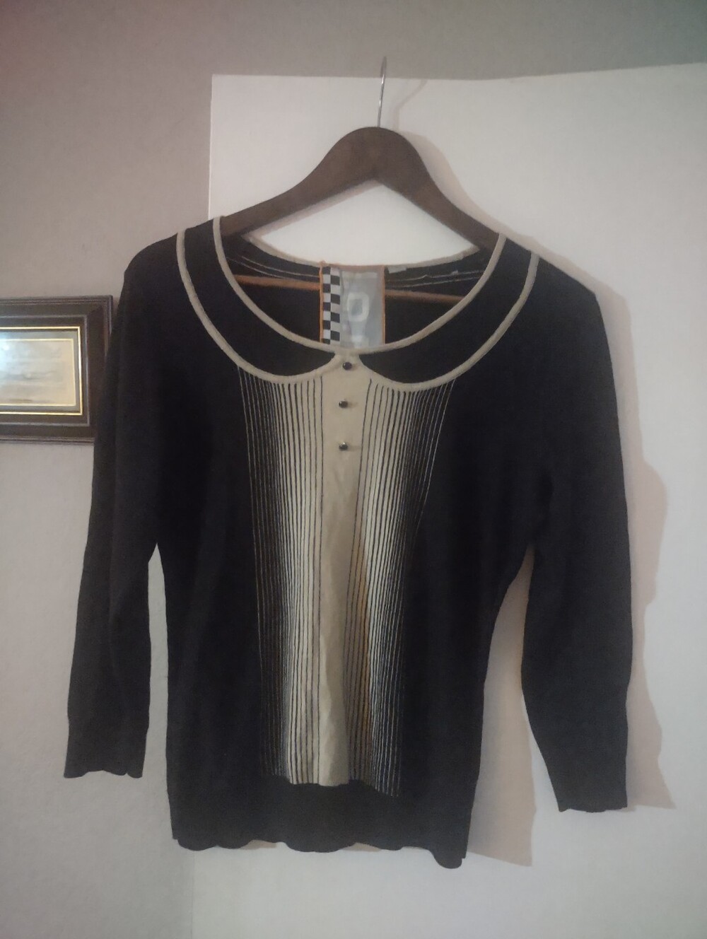 Black and Cream Women's Sweater with Contrast Panel